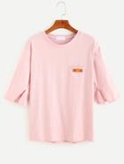 Romwe Pink Slit Sleeve Hand Patch Pocket T-shirt