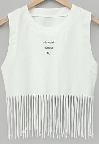 Romwe With Tassel Letter Print White Tank Top