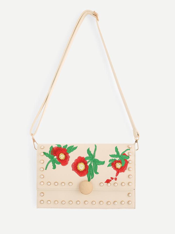 Romwe Calico Embroidery Pu Shoulder Bag With Faux Pearl