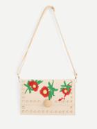 Romwe Calico Embroidery Pu Shoulder Bag With Faux Pearl