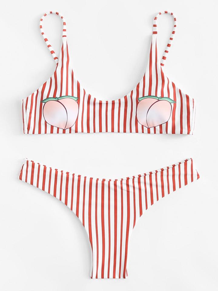 Romwe Peach Print Striped Bikini Set