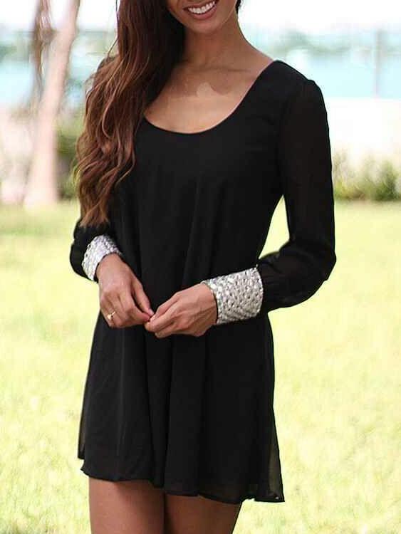 Romwe Scoop Neck Open Back Chiffon Dress