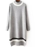 Romwe Dropped Shoulder Seam Striped Split Side Grey Sweater Dress