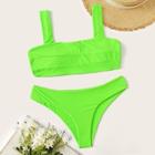 Romwe Neon Green Square Neck Top With Cheeky Bikini