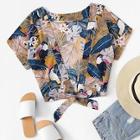 Romwe Knot Hem Bird Print Crop Blouse