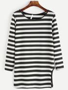 Romwe Black White Striped Slit Side T-shirt
