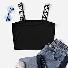 Romwe Lettering Strap Detail Crop Top