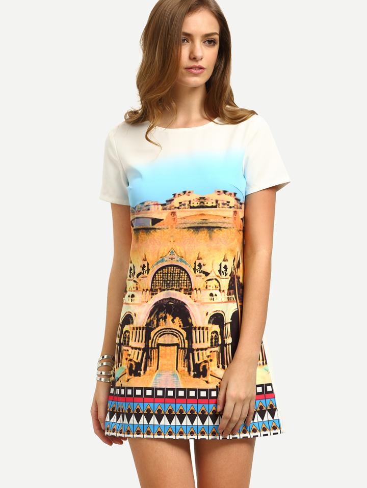 Romwe Multicolor Print Short Sleeve Dress