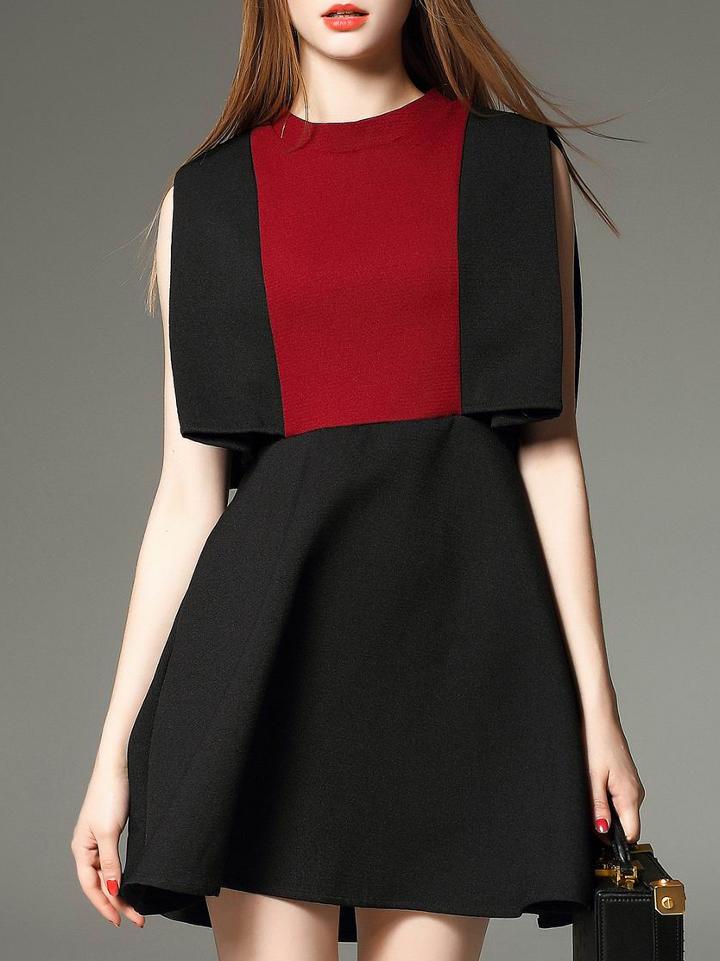 Romwe Wine Black Color Block Cropped A-line Dress