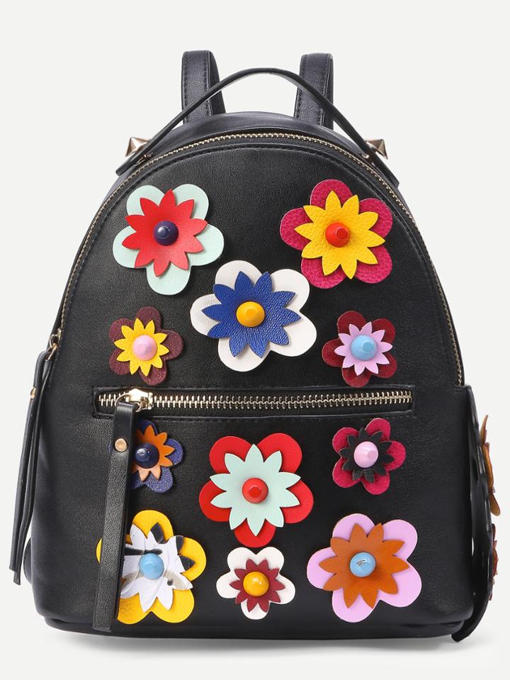 Romwe Black Flower Applique Backpack