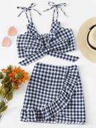 Romwe Knot Front Checked Cami With Skirt