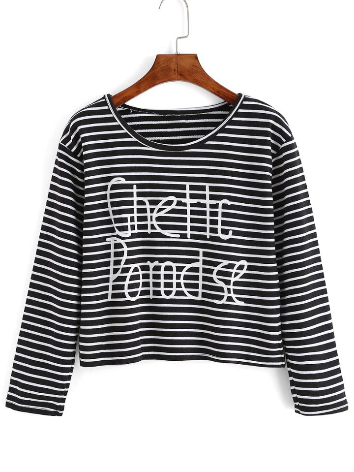 Romwe Striped Letters Print Crop T-shirt