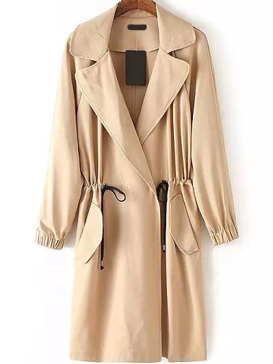 Romwe Lapel Long Sleeve Drawstring Khaki Coat