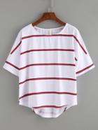 Romwe Red Striped Drop Shoulder High-low T-shirt