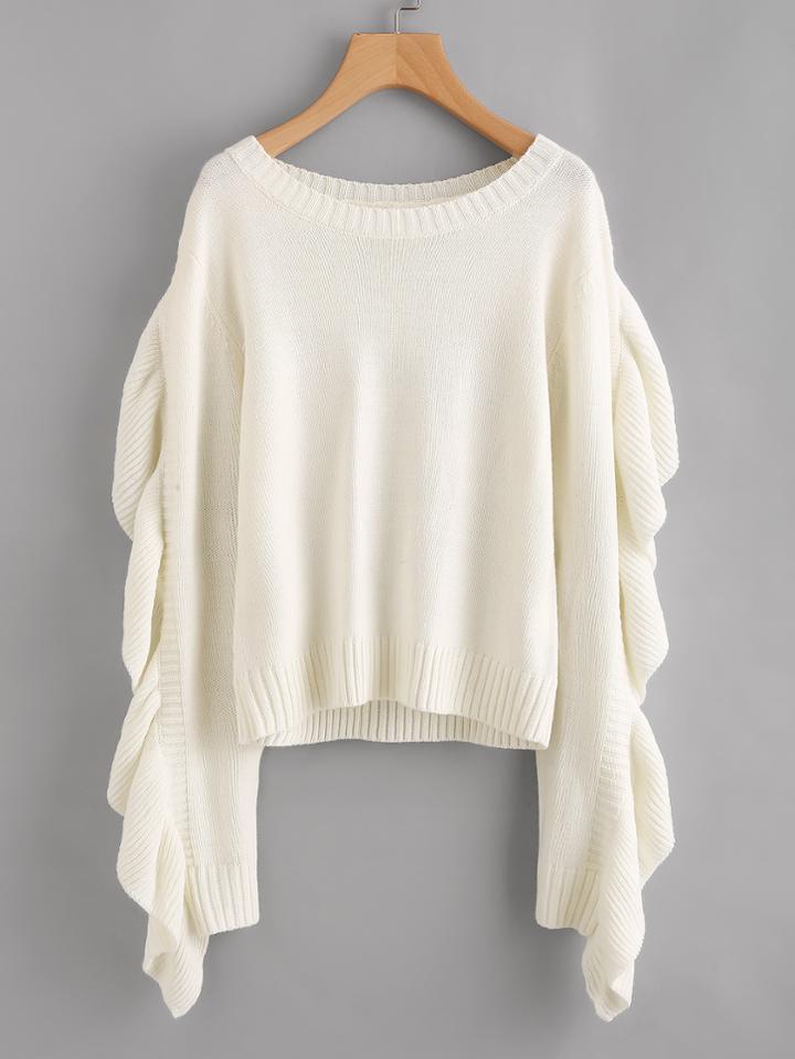 Romwe Exaggerate Flounce Trim Mixed Knit Jumper