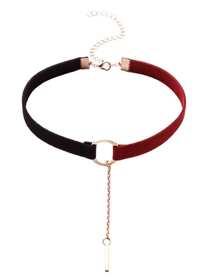 Romwe Black And Red Metal Ring Bar Pendant Choker Necklace