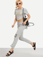 Romwe Letter Print Asymmetric T-shirt With Ripped Pants - Grey