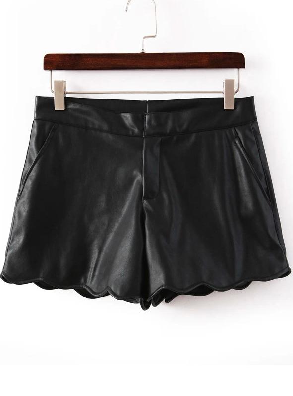 Romwe Black Pu Scalloped Hem Shorts
