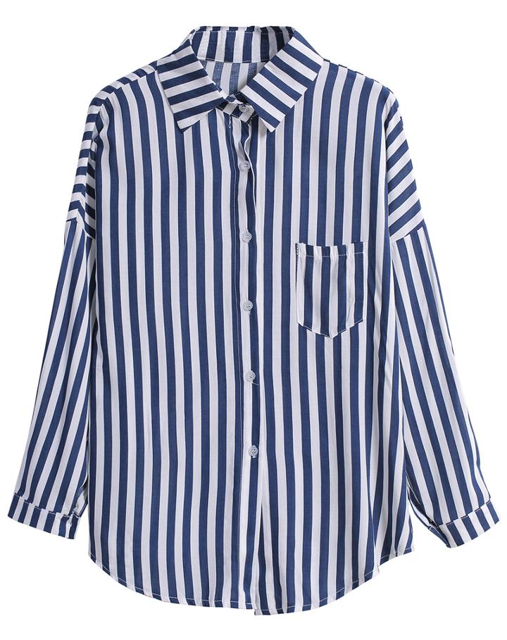 Romwe Vertical Stripe Pocket Blue And White Blouse