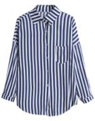 Romwe Vertical Stripe Pocket Blue And White Blouse