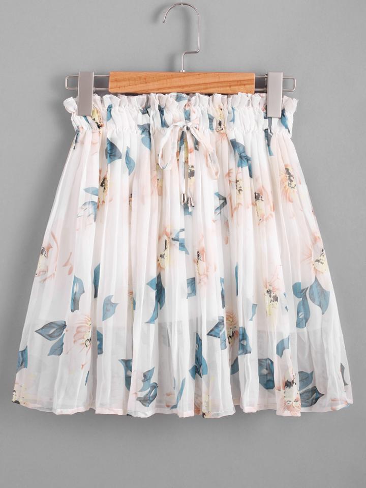 Romwe Floral Print Random Drawstring Waist Pleated Skirt