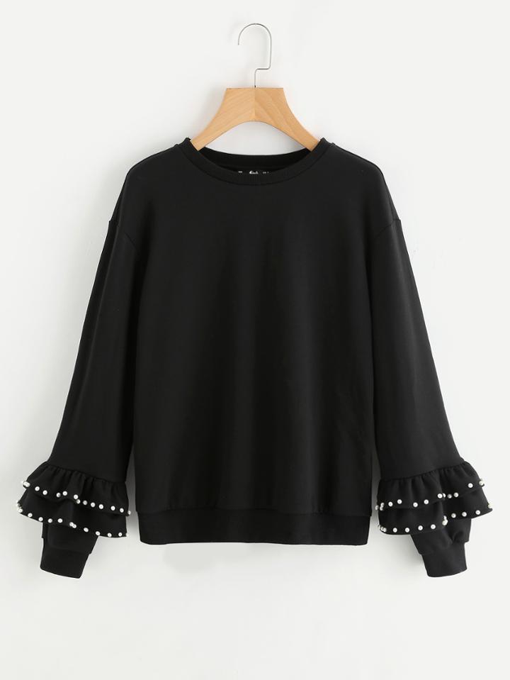Romwe Pearl Beading Tiered Bell Cuff Sweatshirt