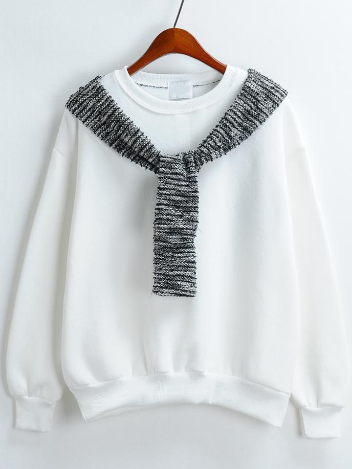 Romwe Round Neck Contrast Tie Loose White Sweatshirt