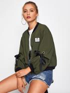 Romwe Contrast Ribbed Trim Ribbon Tie Bomber Jacket