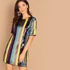 Romwe Striped Sequin Tunic Dress