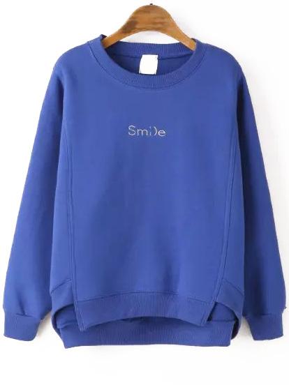 Romwe Dip Hem Letter Embroidered Blue Sweatshirt