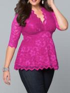 Romwe V Neck Scalloped Hem Lace Rose Red Blouse