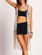 Romwe Apricot Crochet Hollow Out Fringe Top