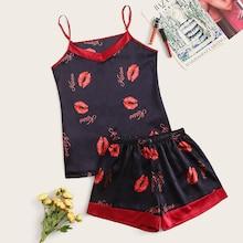 Romwe Lip Print Satin Cami Pj Set