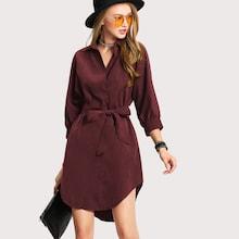 Romwe Curved Hem Belted Shirt Dress