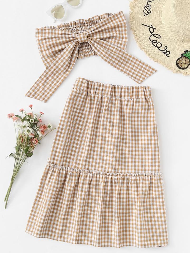 Romwe Bow Front Checked Tube Top With Skirt