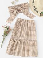 Romwe Bow Front Checked Tube Top With Skirt
