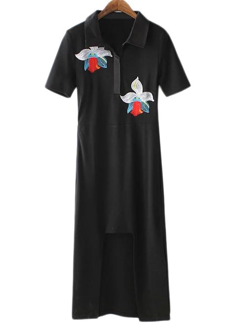 Romwe Black Lapel Cut Out Hem Embroidery Midi Dress