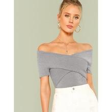 Romwe Wrap Design Bardot Ribbed Top
