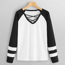 Romwe Crisscross Front Striped Sleeve Tee
