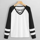Romwe Crisscross Front Striped Sleeve Tee