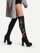 Romwe Flower Embroidery Block Heeled Knee High Boots