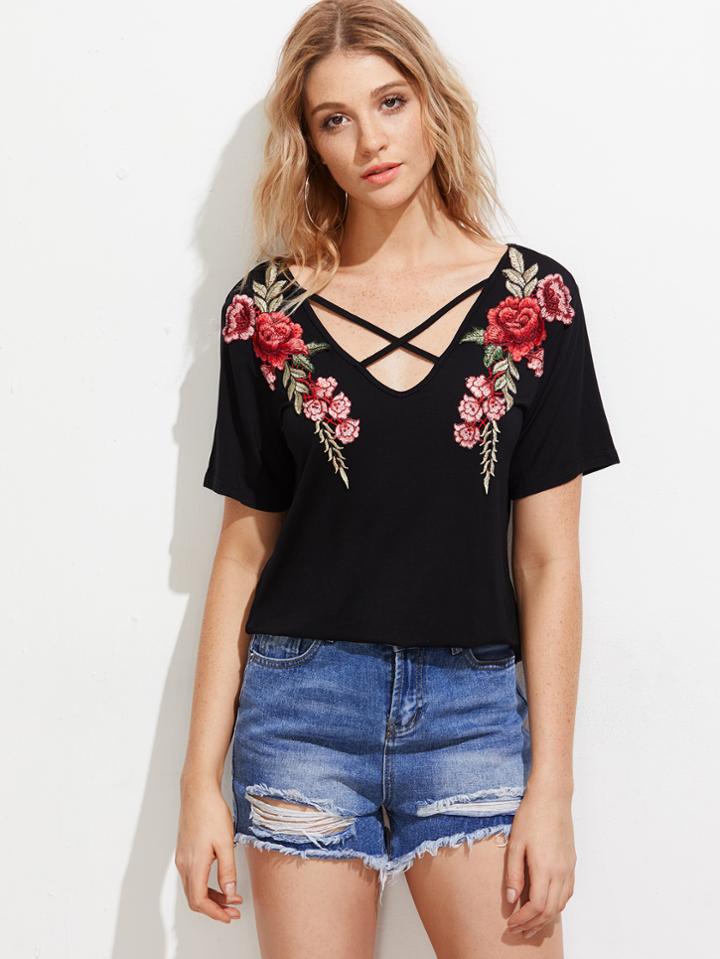 Romwe Symmetrical Applique Crisscross Front Tee