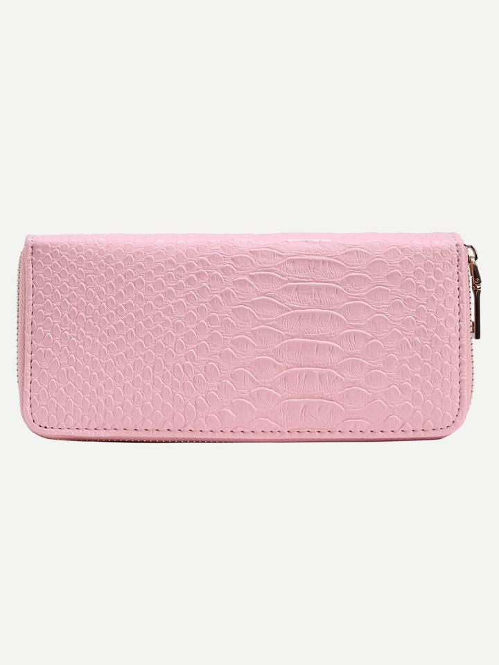 Romwe Crocodile Embossed Zip Closure Wallet - Pink