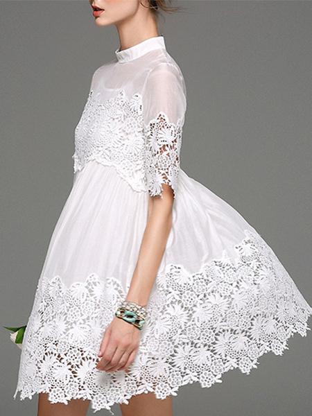 Romwe White Round Neck Half Sleeve Crochet Dress