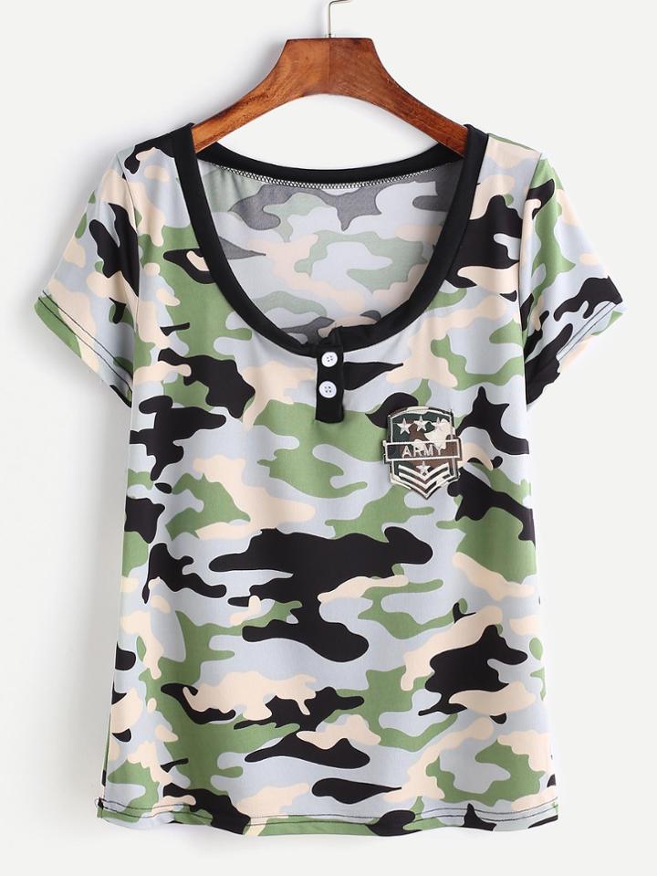 Romwe Camouflage Print Patch T-shirt