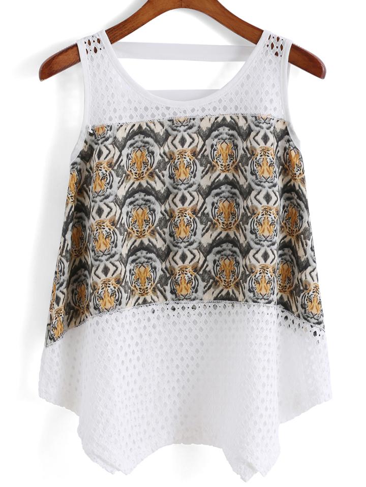 Romwe Tiger Print Hollow Tank Top