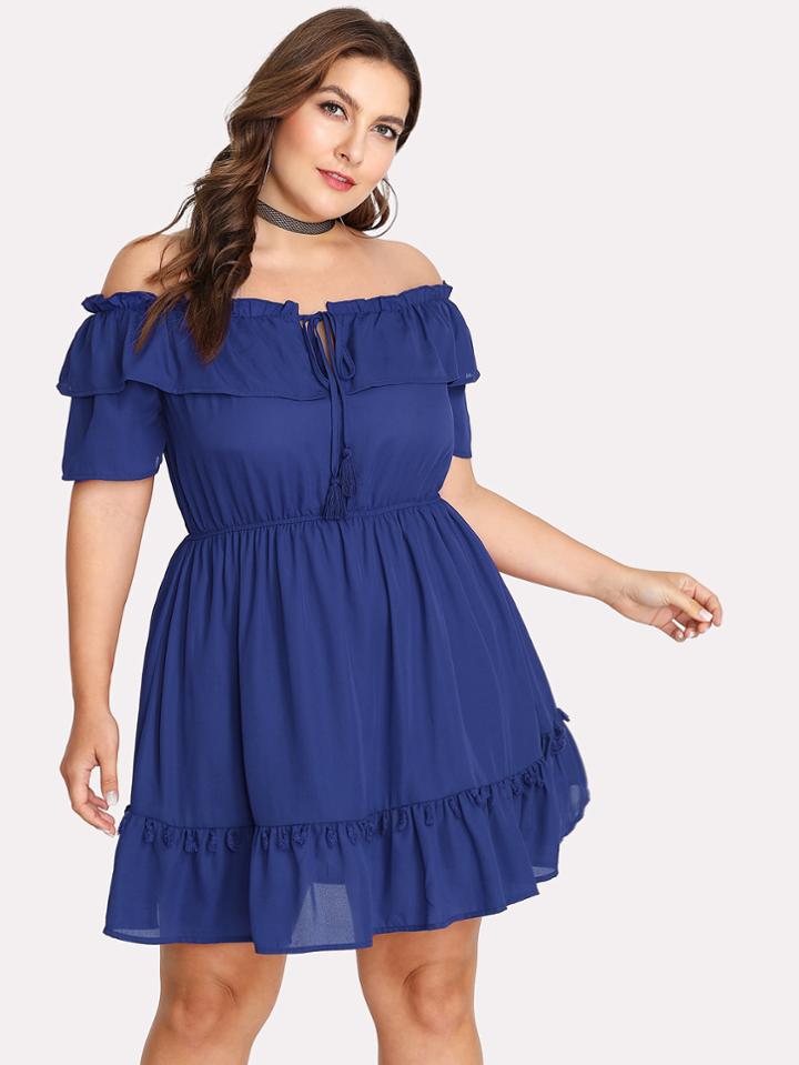Romwe Tassel Detail Ruffle Hem Tied Bardot Dress