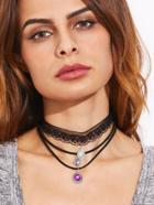 Romwe Black Lace Layered Purple Gemstone Pendant Choker Necklace