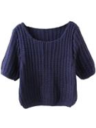 Romwe Short Sleeve Crop Navy Sweater