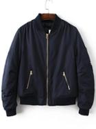 Romwe Navy Ribbed Trim Bomber Quilted Jacket